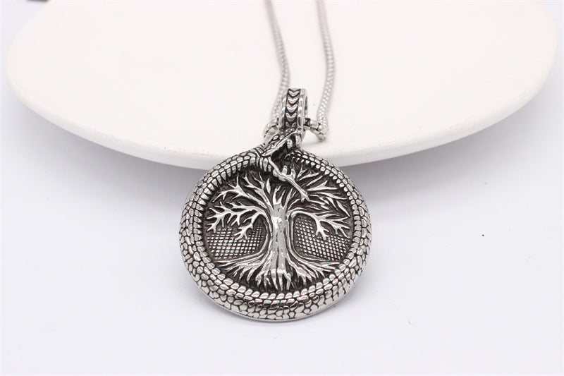 Viking Lucky Tree Titanium Steel Round Plate Pendant Necklace