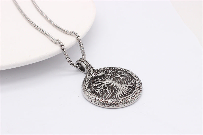 Viking Lucky Tree Titanium Steel Round Plate Pendant Necklace