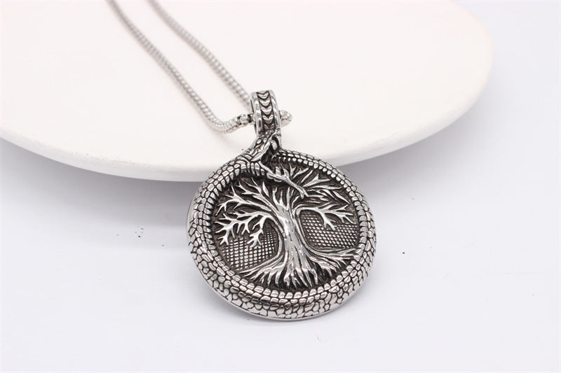 Viking Lucky Tree Titanium Steel Round Plate Pendant Necklace