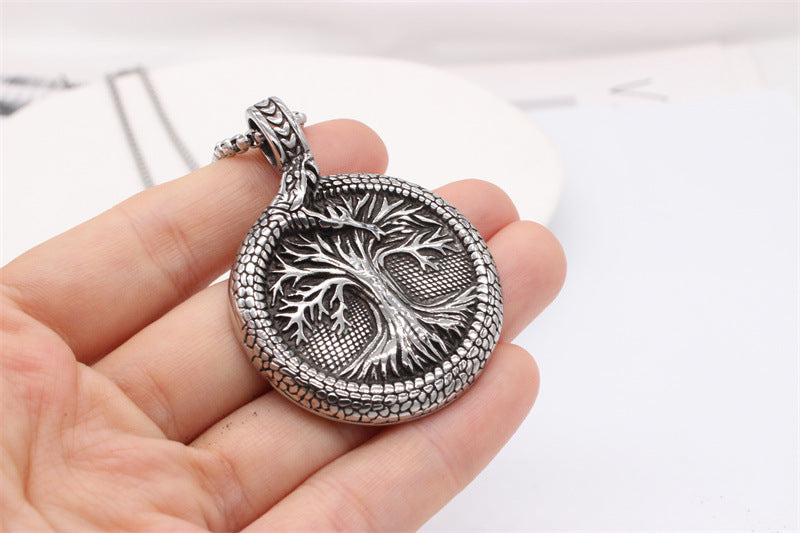 Viking Lucky Tree Titanium Steel Round Plate Pendant Necklace