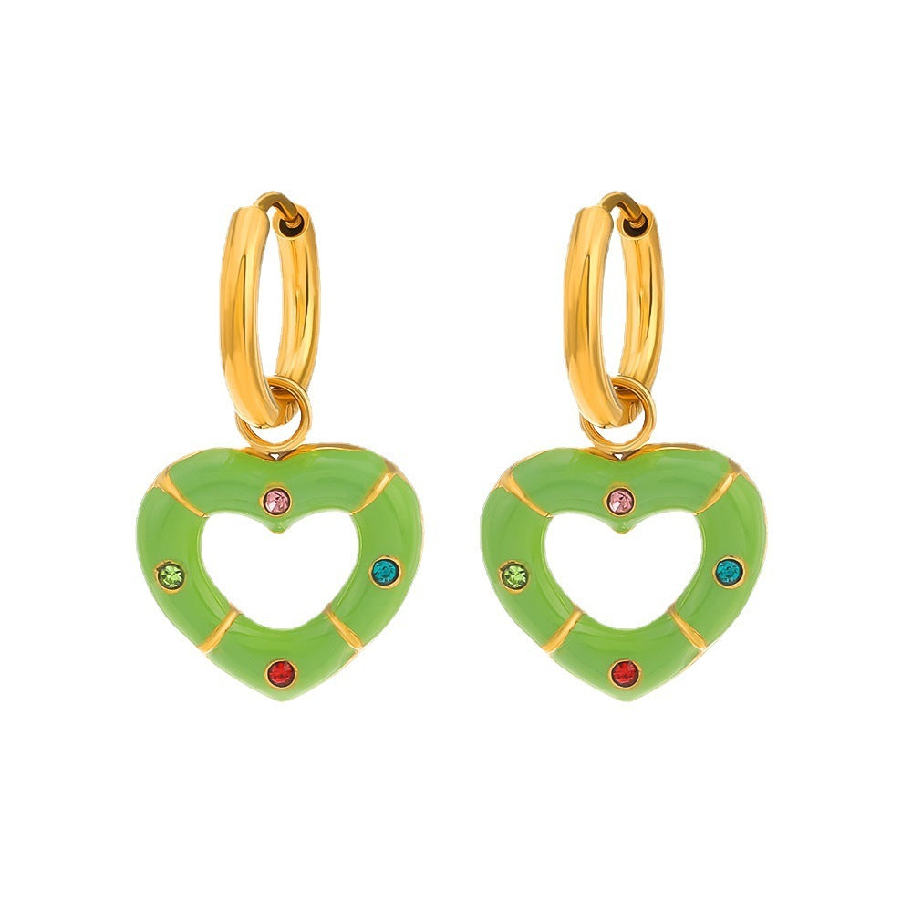Boucles d'oreilles polyvalentes en forme de cœur avec diamants et huile goutte à goutte multicolores