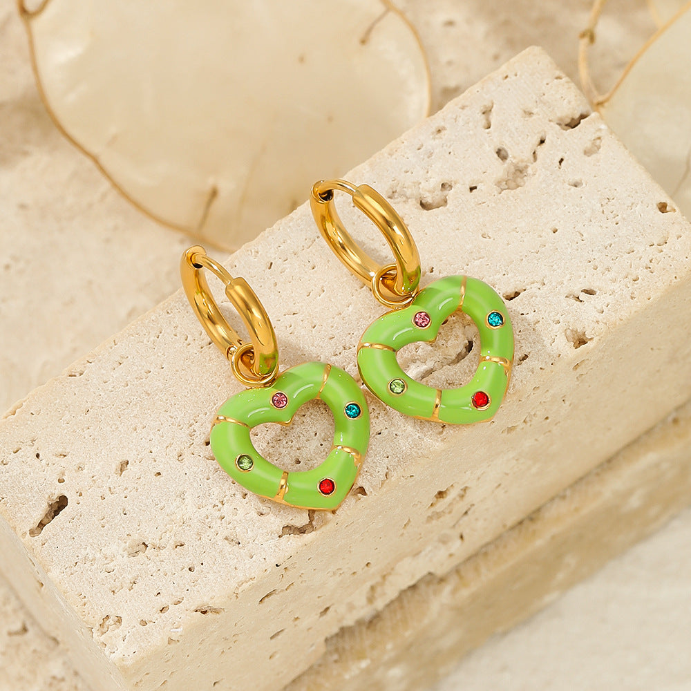 Boucles d'oreilles polyvalentes en forme de cœur avec diamants et huile goutte à goutte multicolores