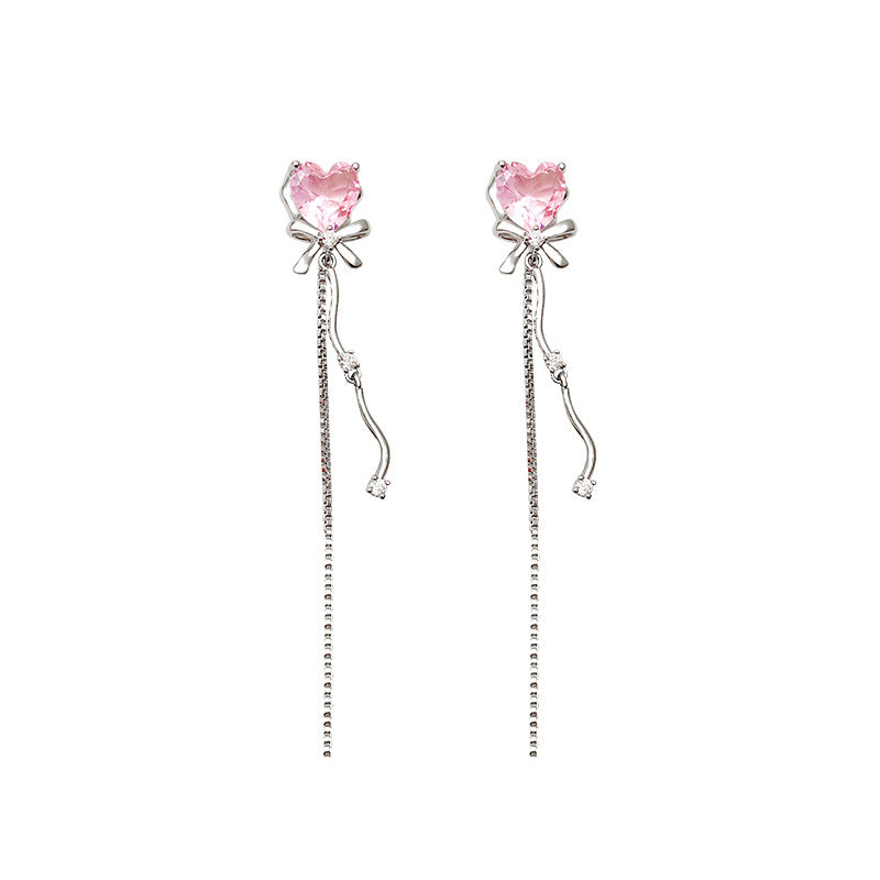 Boucles d'oreilles en argent sterling avec aiguille en zircon long et mignon avec pompon en forme de cœur