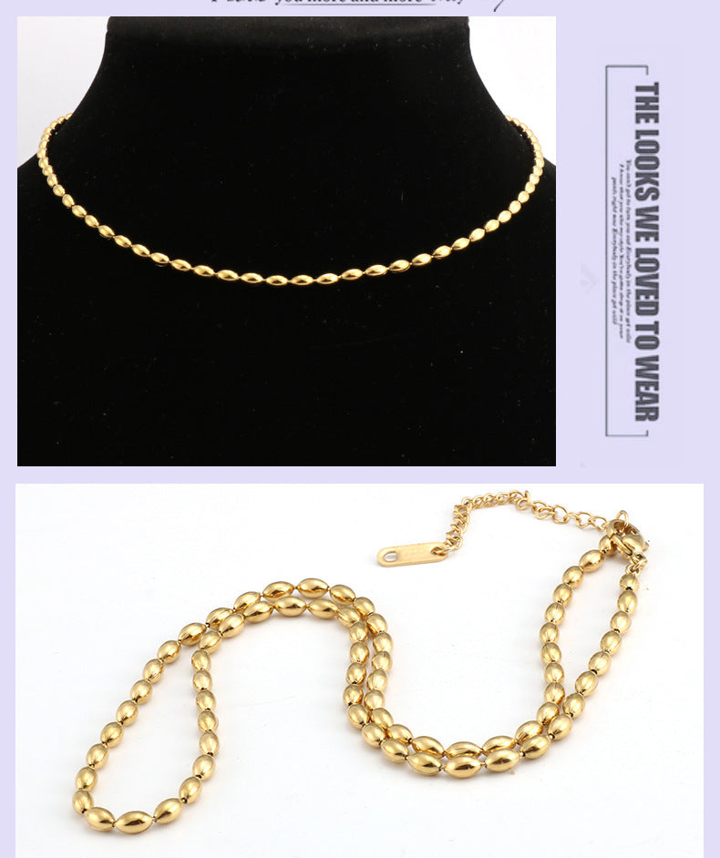 Collier chaîne de perles ovales plaquées acier inoxydable 18 carats