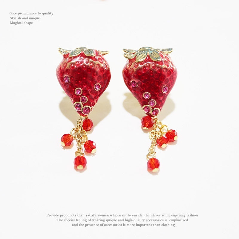 Boucles d'oreilles en émail dégoulinant de fruits fraises et diamants en argent sterling avec aiguille