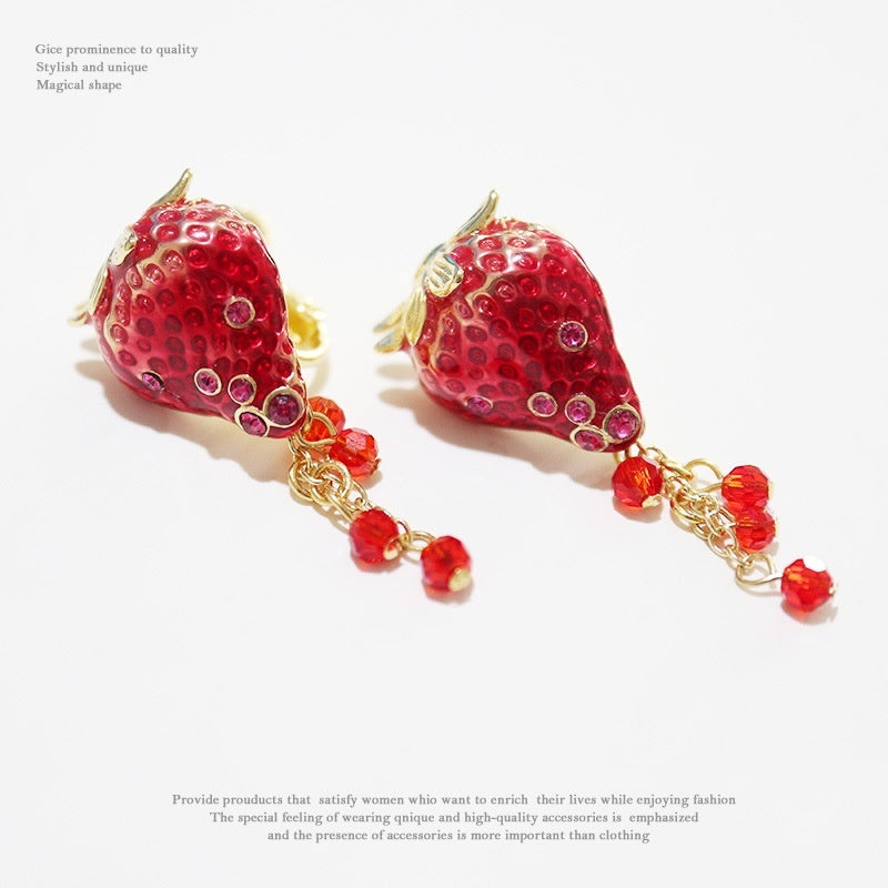 Boucles d'oreilles en émail dégoulinant de fruits fraises et diamants en argent sterling avec aiguille