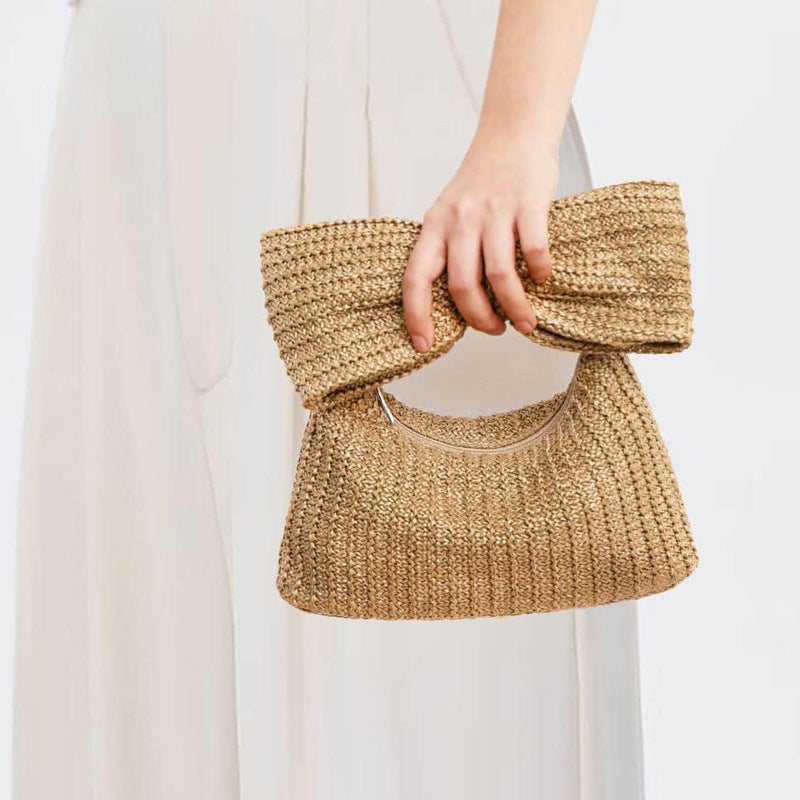 Sac à main minimaliste en paille avec nœud papillon pour femmes