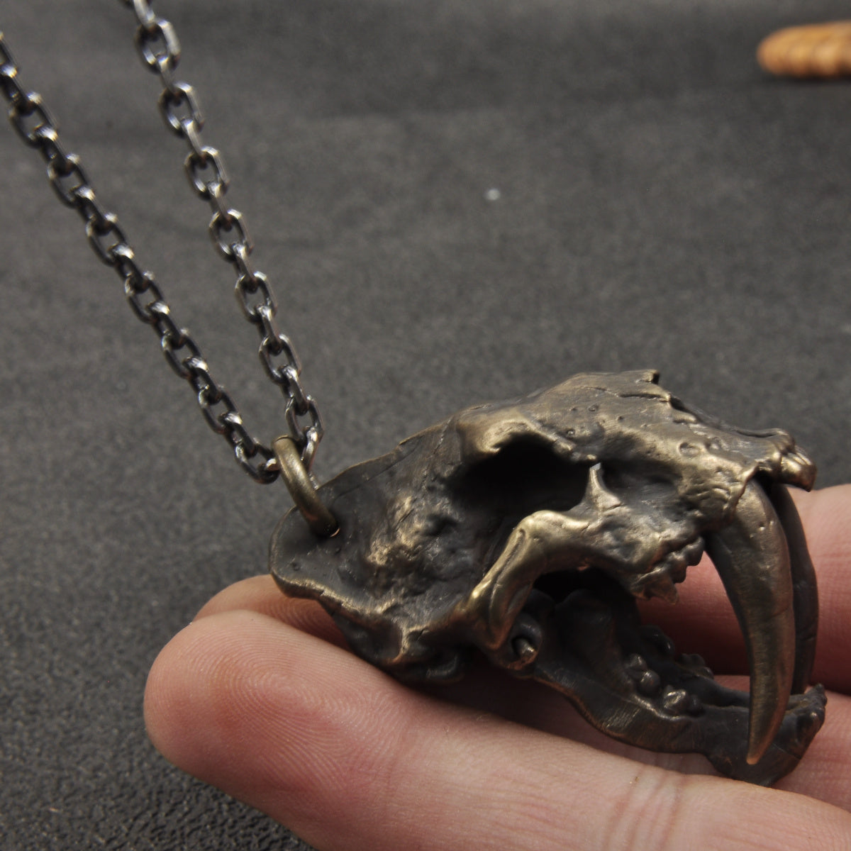 Vintage Brass Saber-toothed Cat Skull Pendant Necklace