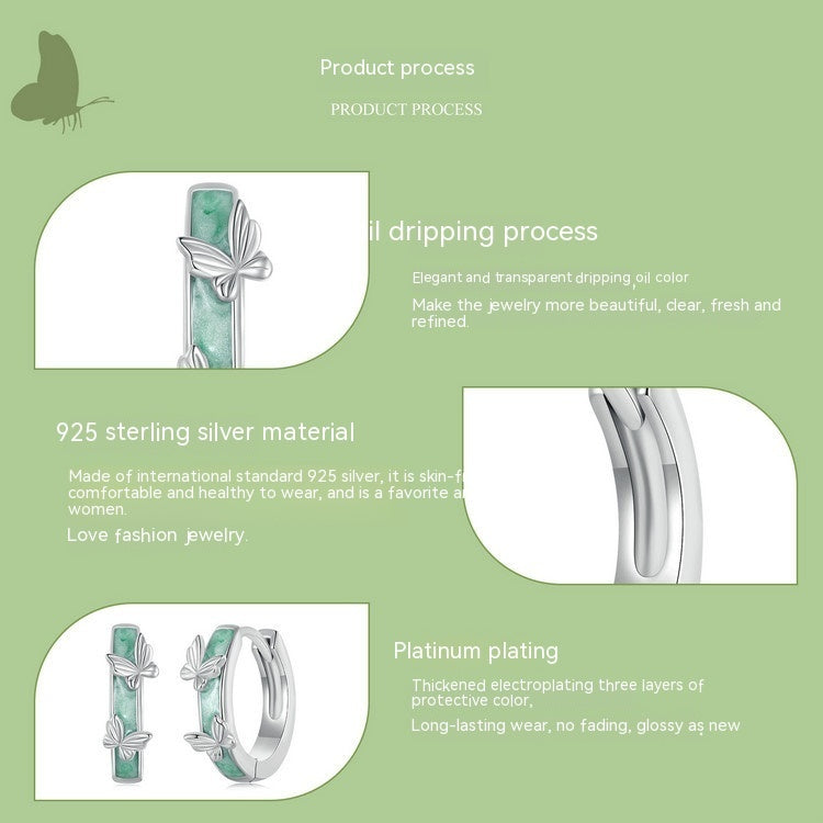 Simple Green Butterfly Ear Clip S925 Sterling Silver Earrings Jewelry