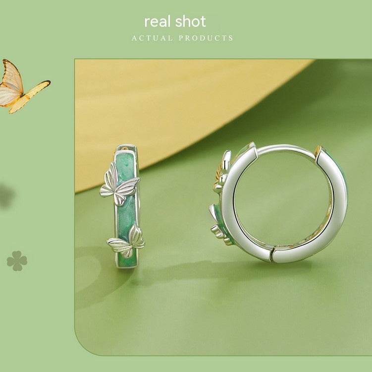 Simple Green Butterfly Ear Clip S925 Sterling Silver Earrings Jewelry