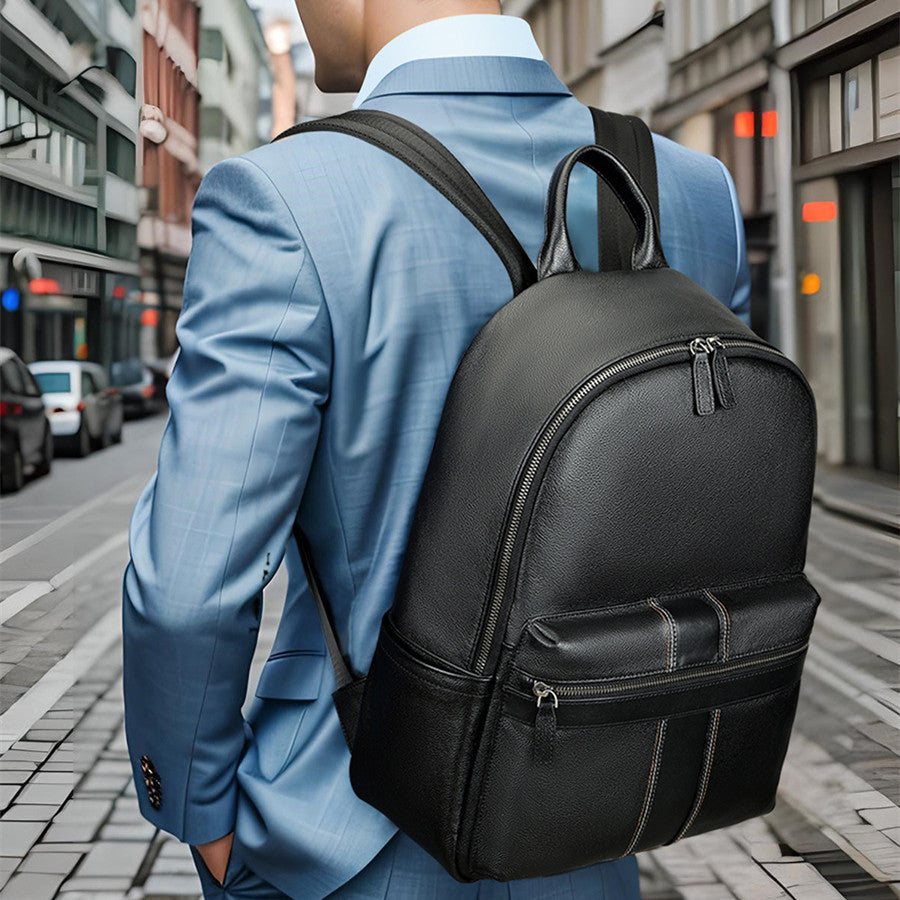 Mochila de cuero con capa superior de gran capacidad informal a la moda para hombre