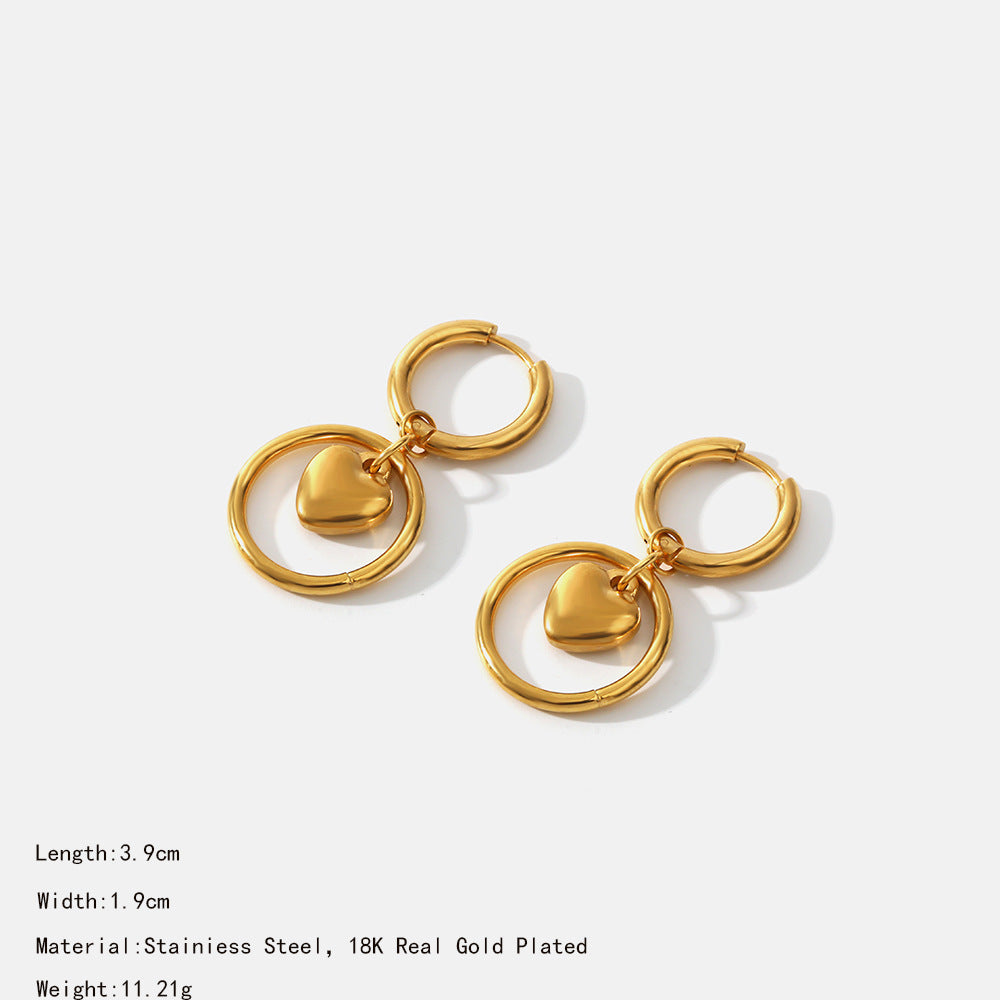 Boucles d'oreilles en acier inoxydable 18 carats, plaqué or véritable, cercle, cœur d'amour