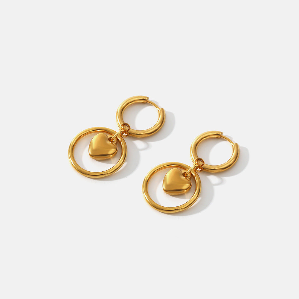 Boucles d'oreilles en acier inoxydable 18 carats, plaqué or véritable, cercle, cœur d'amour
