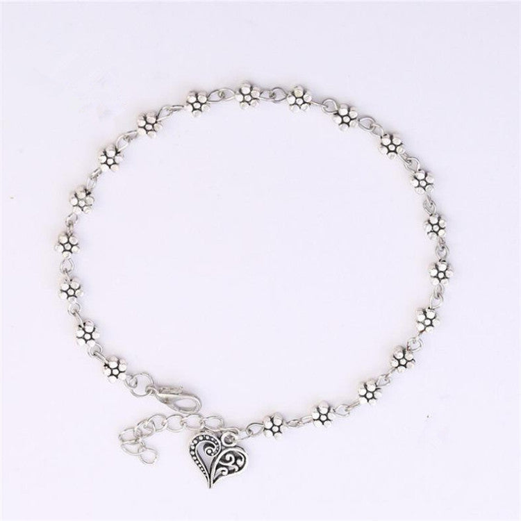 Bracelet de cheville tibétain en argent creux en forme de fleur de prunier, ornements de pied en forme de cœur