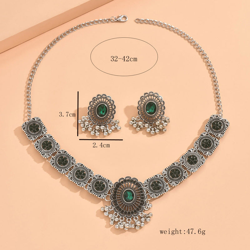 Retro Ball Tassel Shiny Diamond Flowers Necklace Suit