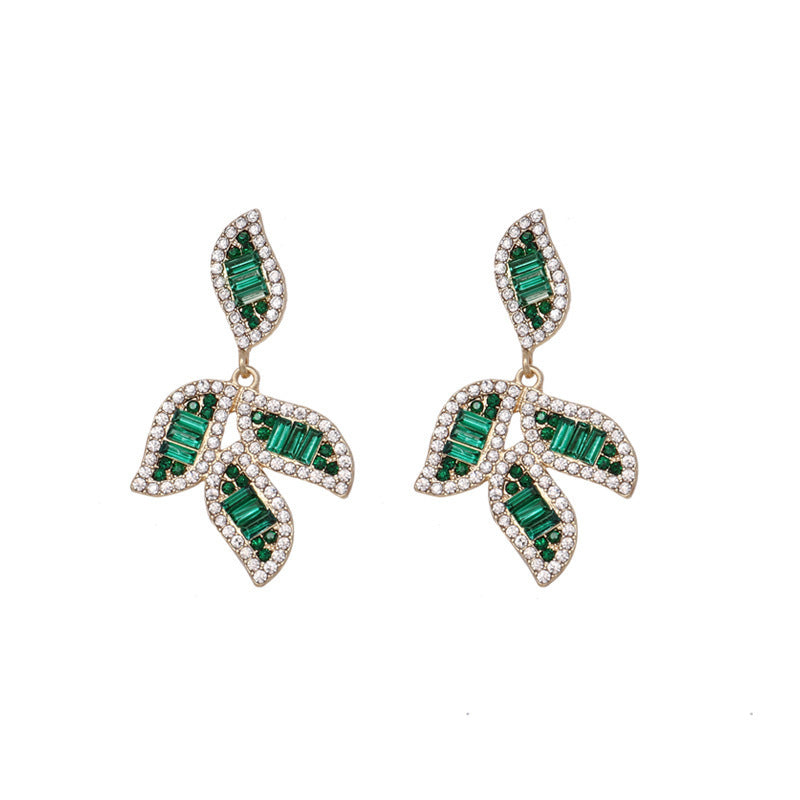 Personalized High Profile Rhinestone Sterling Silver Needle Green Leaf-shaped Earring