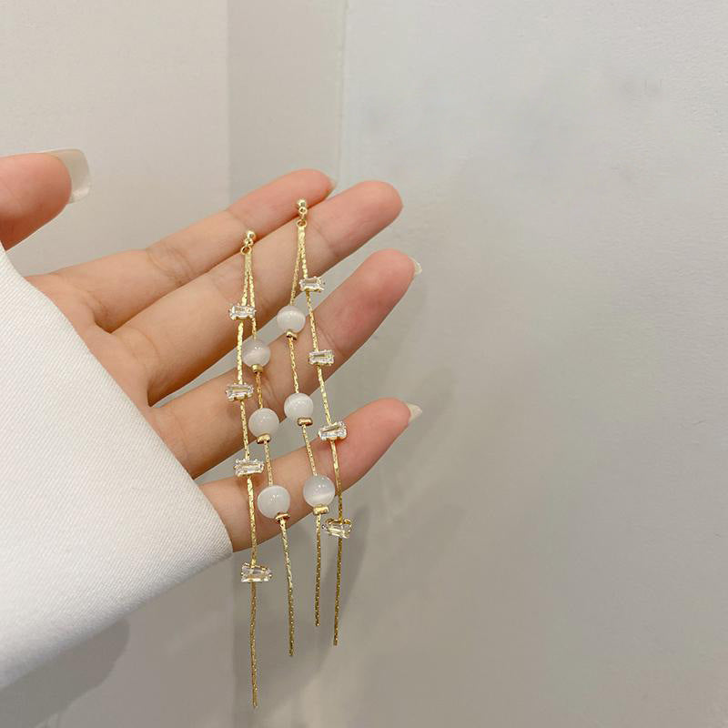 Sterling Silver Needle Long Fringe Earrings Female Cat's Eye