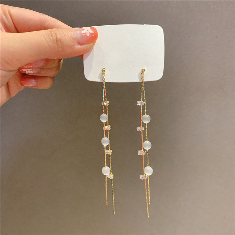 Sterling Silver Needle Long Fringe Earrings Female Cat's Eye