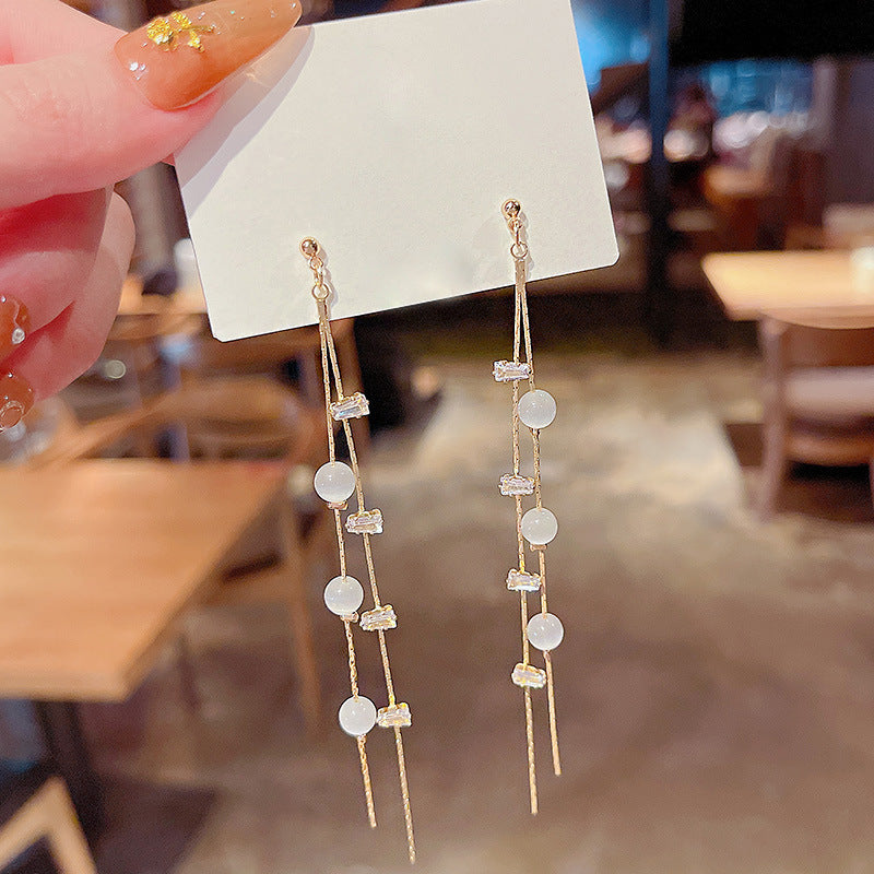 Sterling Silver Needle Long Fringe Earrings Female Cat's Eye