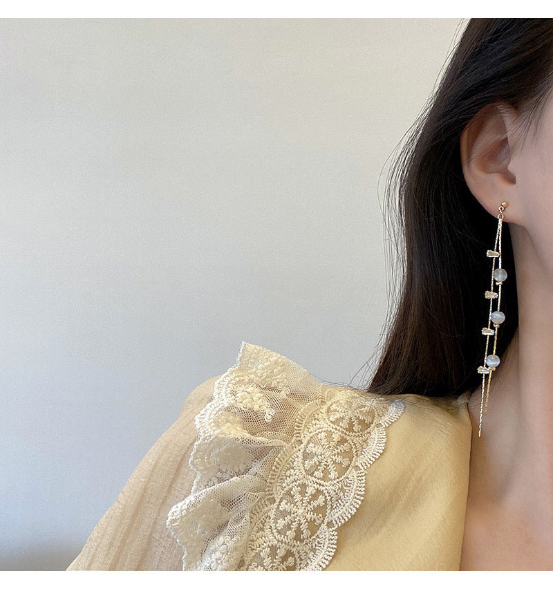 Sterling Silver Needle Long Fringe Earrings Female Cat's Eye