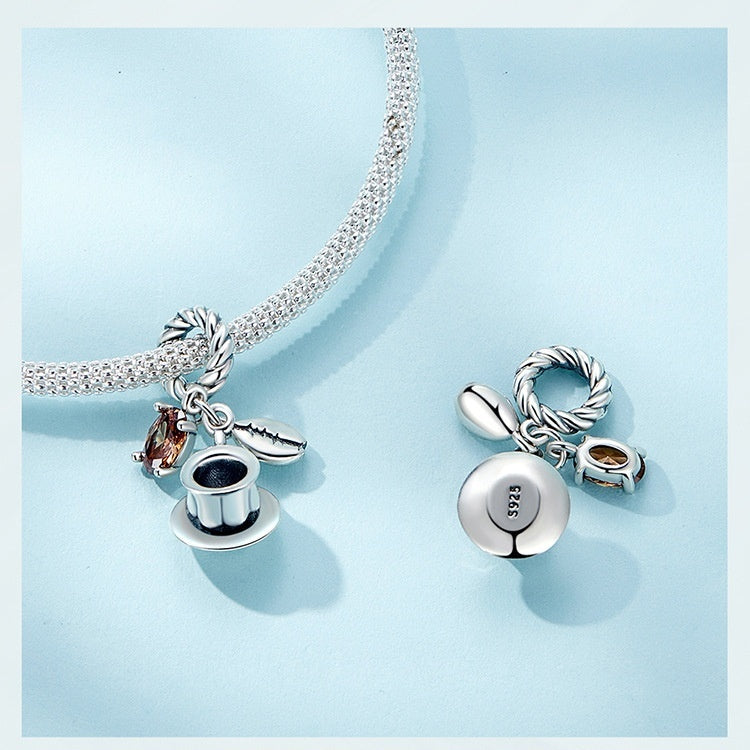 Pendentif tasse à café moka en argent sterling S925, perles pendantes, ornement