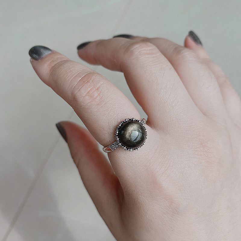Bague en obsidienne naturelle vintage en argent thaïlandais