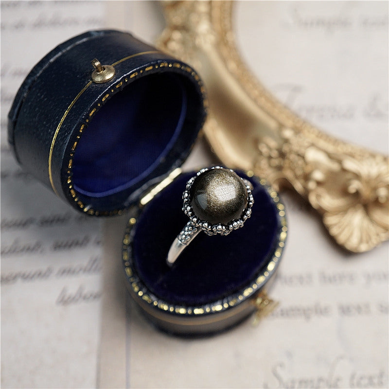 Bague en obsidienne naturelle vintage en argent thaïlandais