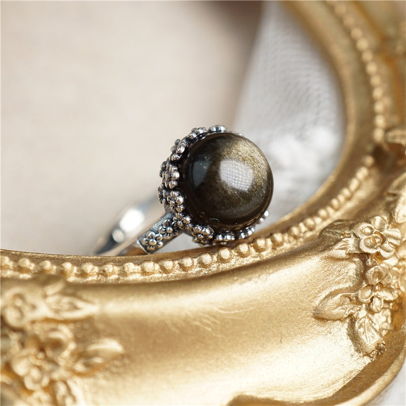 Bague en obsidienne naturelle vintage en argent thaïlandais