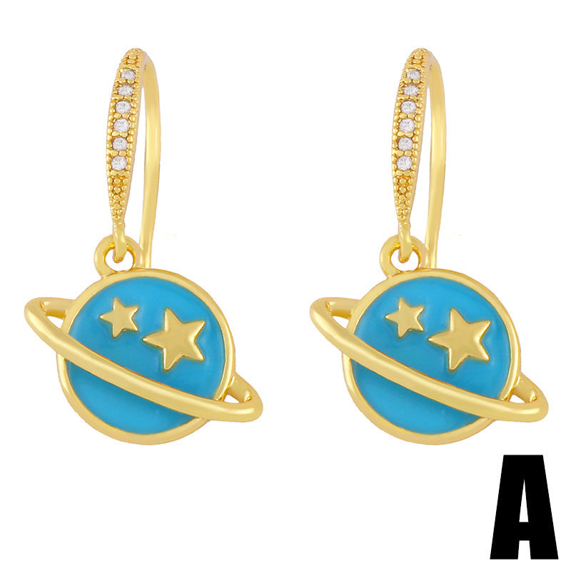 Universe Star Moon Earrings Creative Personality Drop Oil Diamond Simple Jewelry