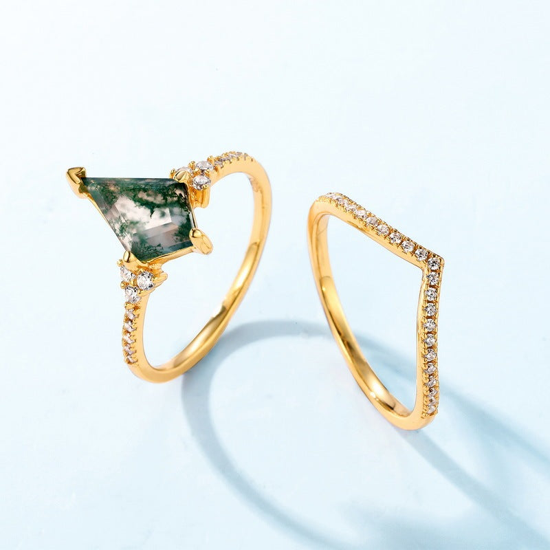 Bague femme en argent S925 incrustée de pierre de mousse verte