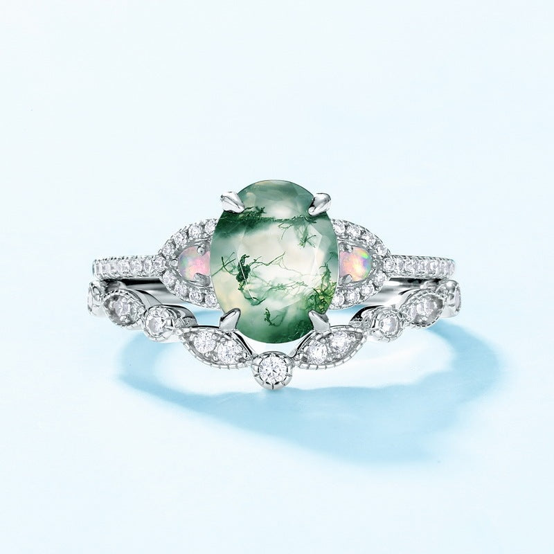 Bague femme en argent S925 incrustée de pierre de mousse verte