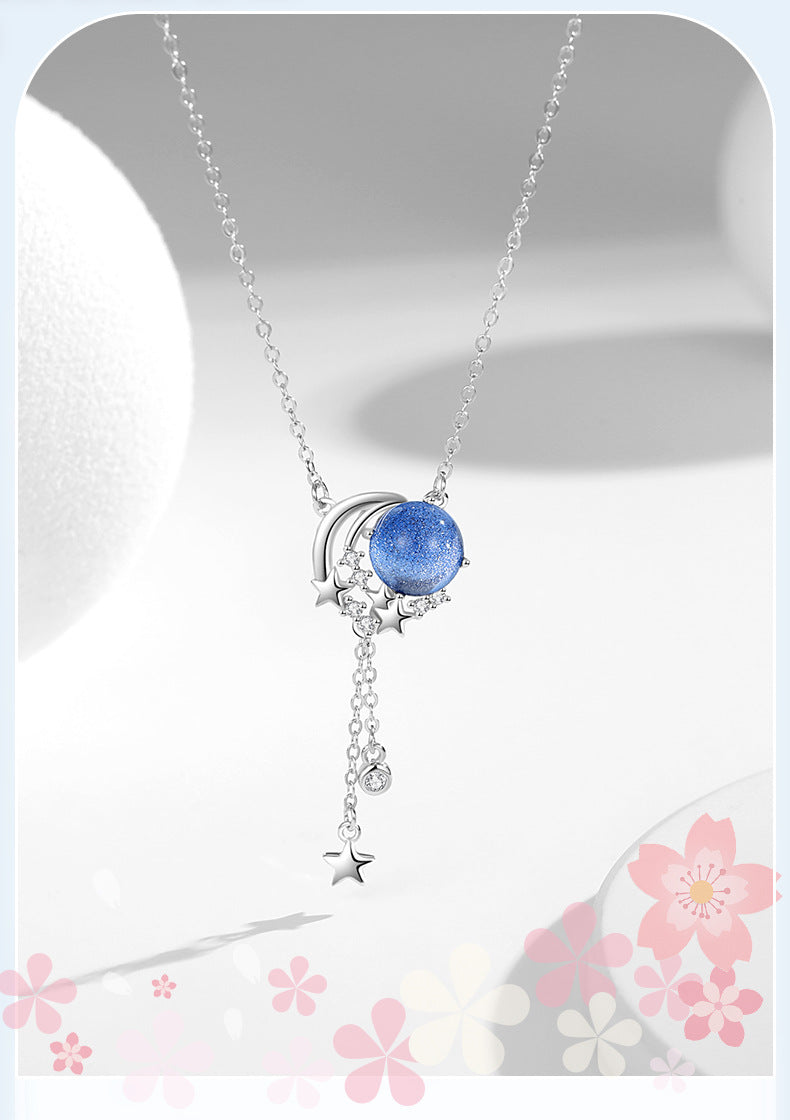Sterling Silver S925 Simple Niche Design Glazed Stone Clavicle Chain Ins Style Moon Pendant