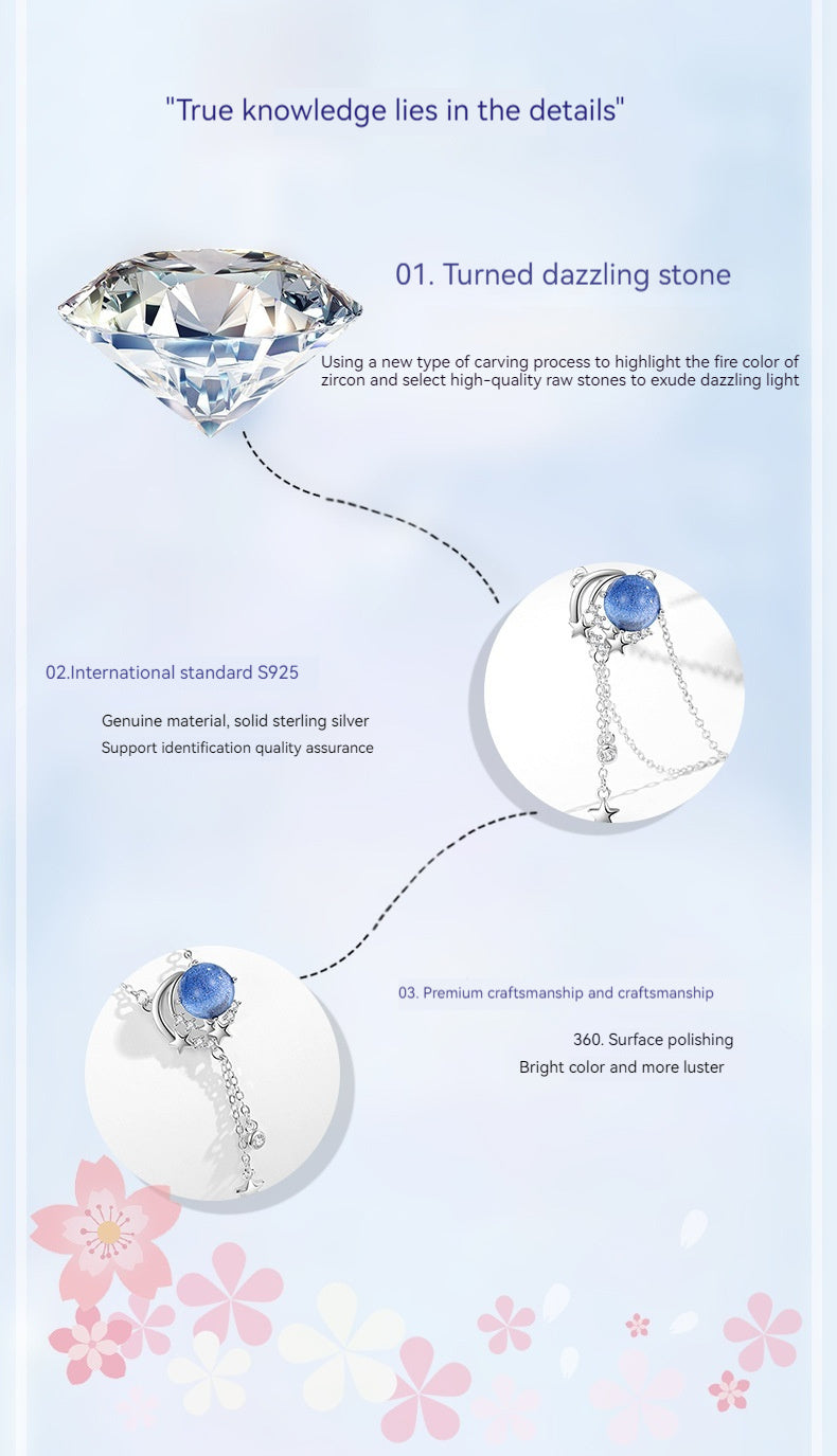 Sterling Silver S925 Simple Niche Design Glazed Stone Clavicle Chain Ins Style Moon Pendant