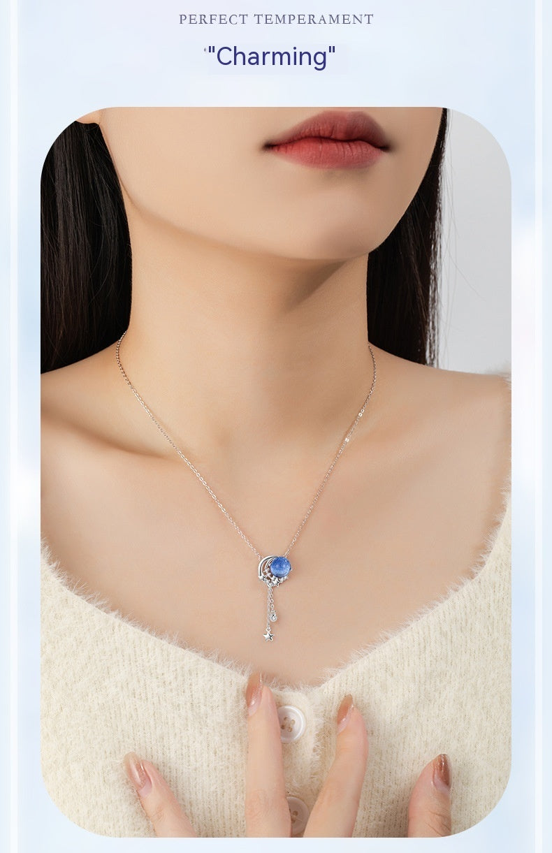 Sterling Silver S925 Simple Niche Design Glazed Stone Clavicle Chain Ins Style Moon Pendant