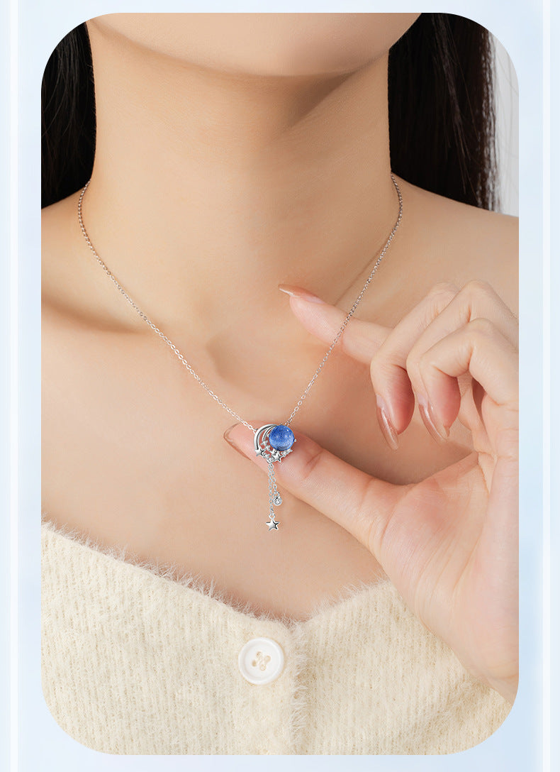 Sterling Silver S925 Simple Niche Design Glazed Stone Clavicle Chain Ins Style Moon Pendant