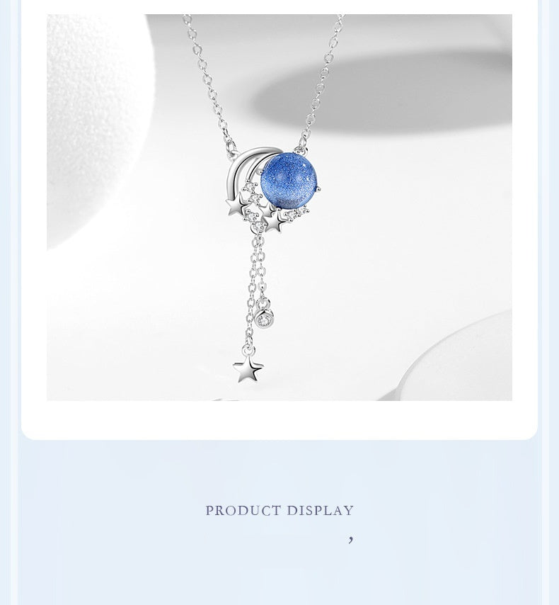 Sterling Silver S925 Simple Niche Design Glazed Stone Clavicle Chain Ins Style Moon Pendant