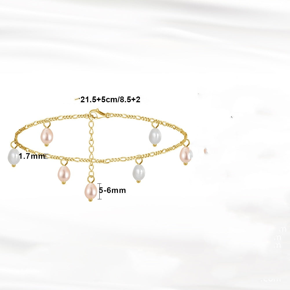 925 Sterling Silver Anklet Colorful Natural Small Rice-shaped Beads Pendant