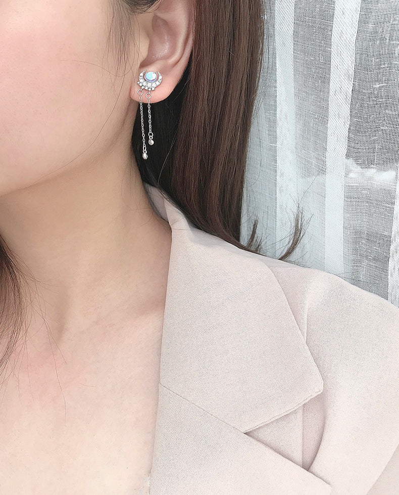 S925 Sterling Silver Long Elegant Bright Moon Star Moonstone Tassel Earrings Women's High-grade Cold Style