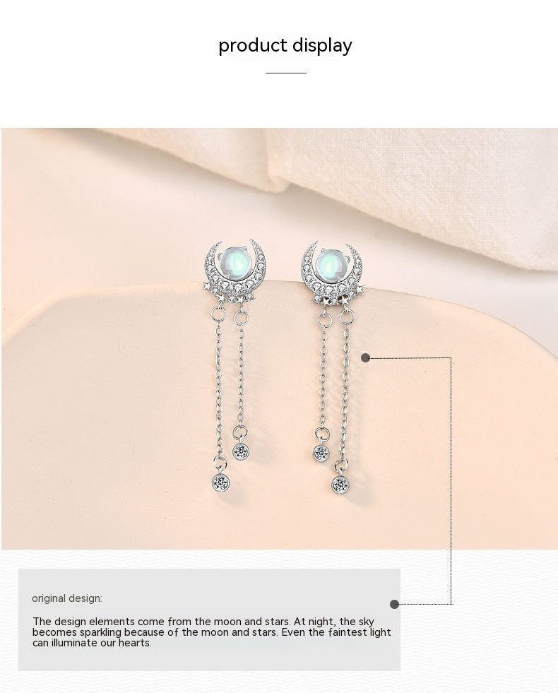 S925 Sterling Silver Long Elegant Bright Moon Star Moonstone Tassel Earrings Women's High-grade Cold Style