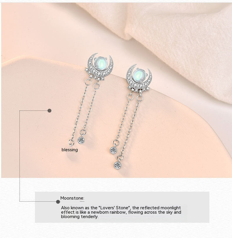S925 Sterling Silver Long Elegant Bright Moon Star Moonstone Tassel Earrings Women's High-grade Cold Style