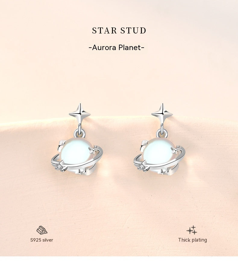 S925 Sterling Silver Moonstone Planet Female South Korea Simple Special Interest Earrings