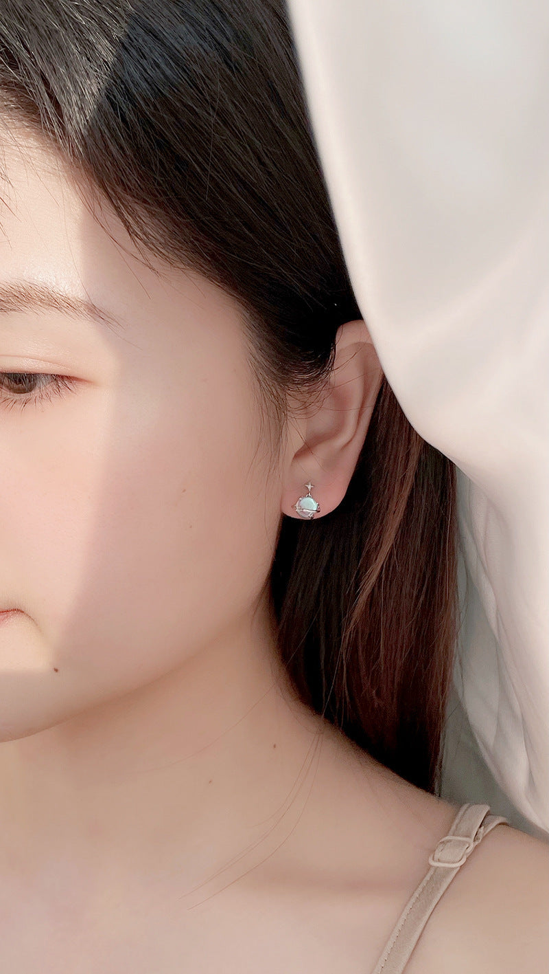 S925 Sterling Silver Moonstone Planet Female South Korea Simple Special Interest Earrings