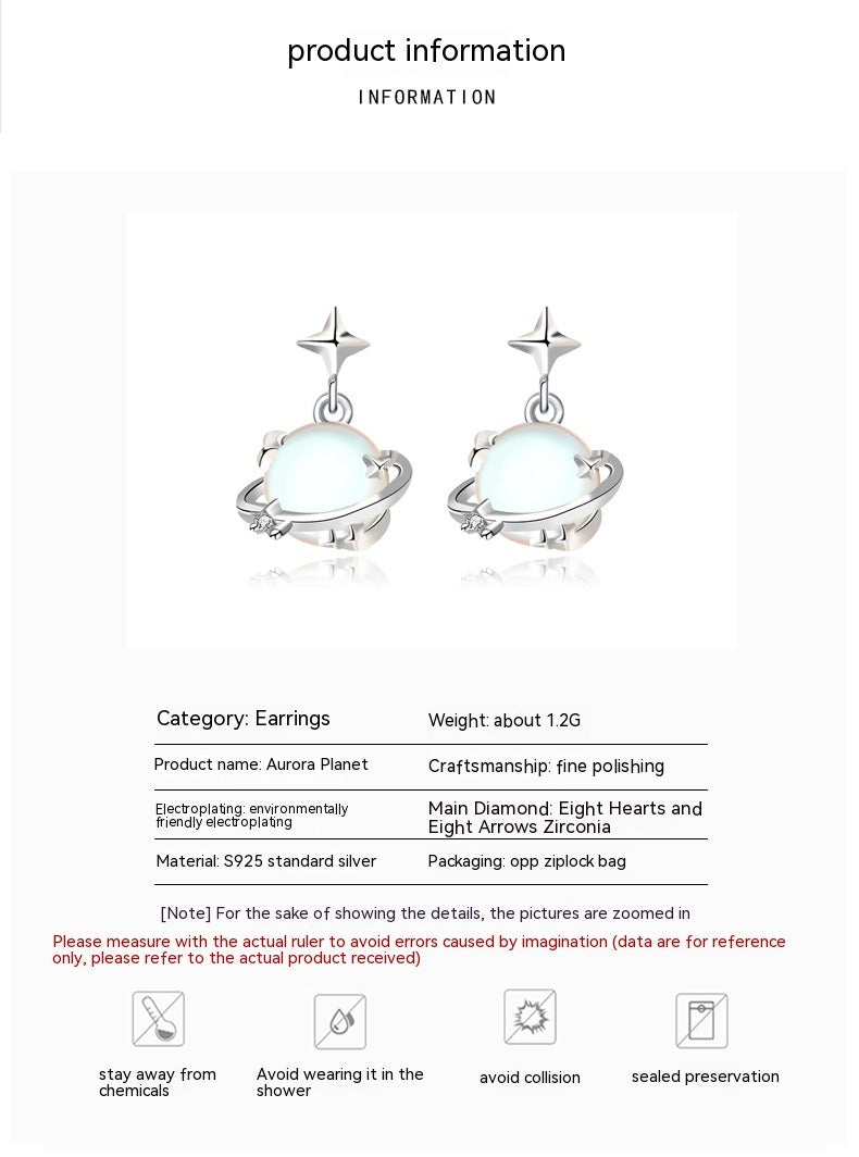 S925 Sterling Silver Moonstone Planet Female South Korea Simple Special Interest Earrings
