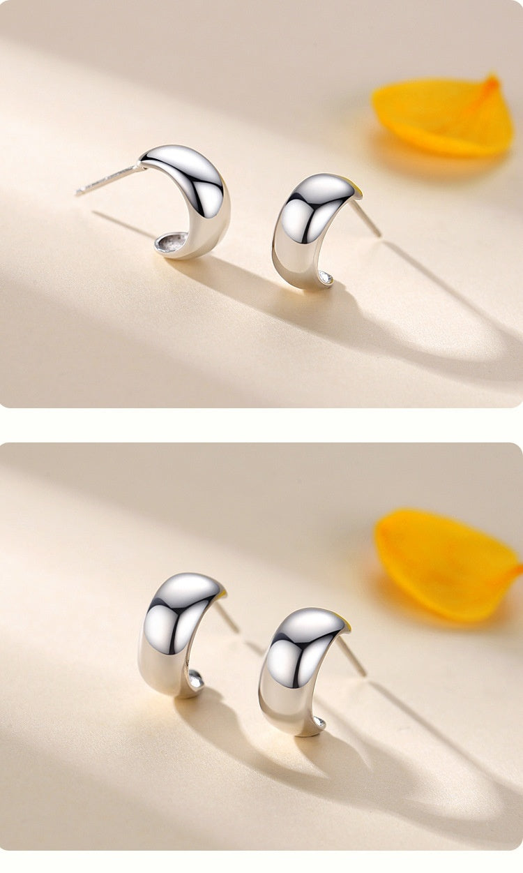 S925 Sterling Silver Glossy C- Shaped Stud Earrings For Women Japanese And Korean Simple Earrings