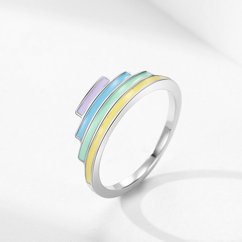 Women's Fashion Casual Sterling Silver Dopamine Rainbow Enamel Drop Oil Ring