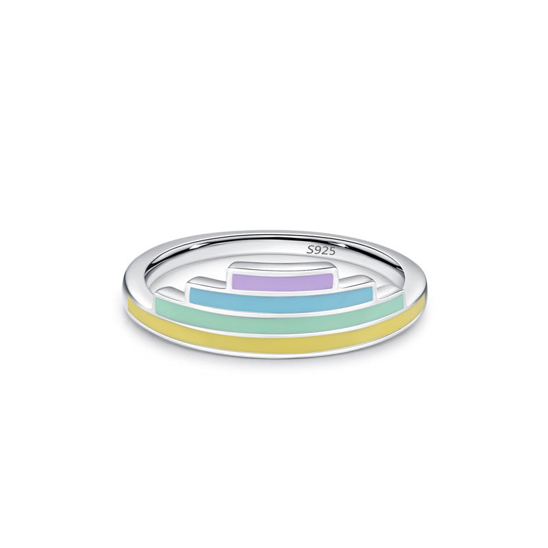 Women's Fashion Casual Sterling Silver Dopamine Rainbow Enamel Drop Oil Ring