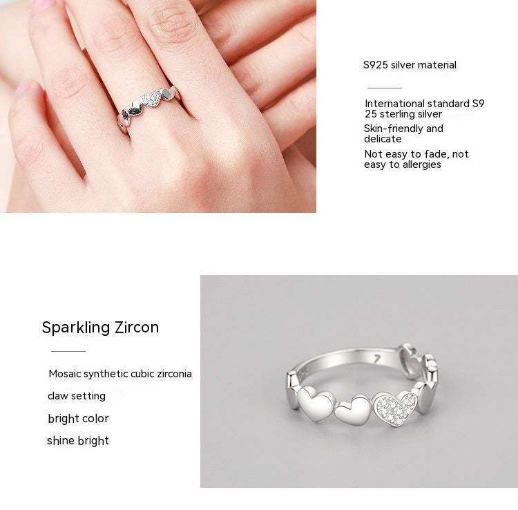 S925 Silver Sweet Personality Heart-shaped Micro Rhinestone Ring