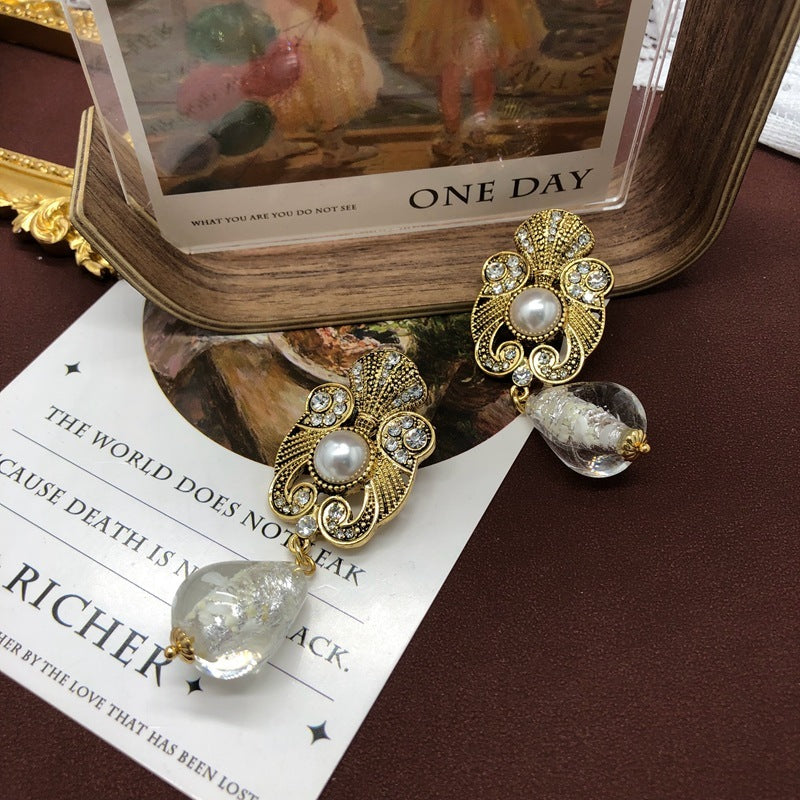 Retro Distressed Design Sense Earrings Rhinestone Pearl Earrings