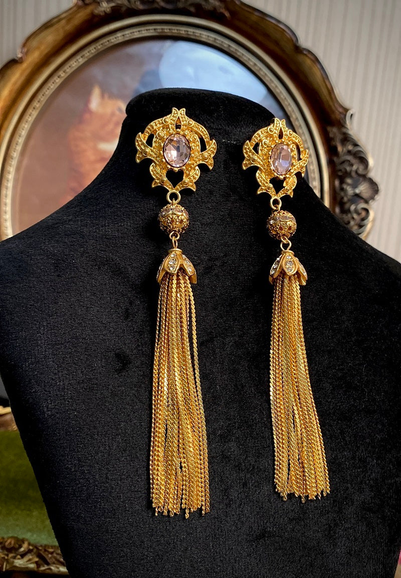Vintage Court Style Exaggerated Tassel Diamond Silver Pin Earrings