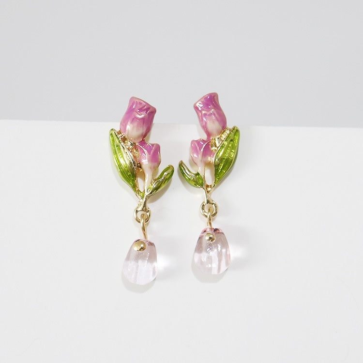 Enamel Dripping Tulip Sterling Silver Needle Earrings